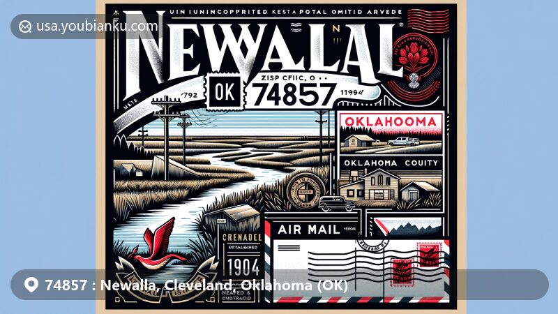 Modern illustration of Newalla, Oklahoma, featuring postal theme with ZIP code 74857, Canadian River connection, established post office, and rural landscape.