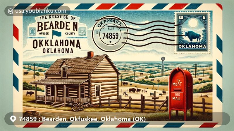 Modern illustration of Bearden, Okfuskee County, Oklahoma, depicting airmail envelope with historical log cabin, set against Sandstone Hills backdrop and featuring classic red mailbox, '74859' postal stamp, and Oklahoma state flag.