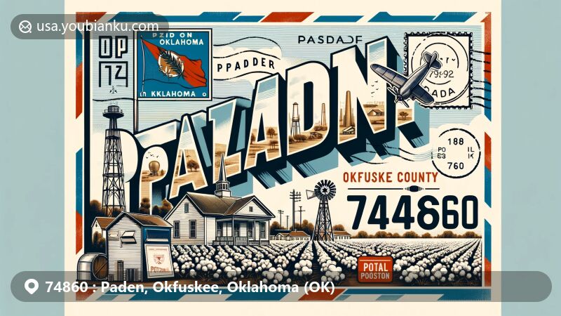 Modern illustration of Paden, Oklahoma, in Okfuskee County, featuring vintage postcard design with Oklahoma state flag, Okfuskee County map outline, cotton fields, oil well symbols, and postal elements like vintage stamp, postmark, and traditional mailbox.