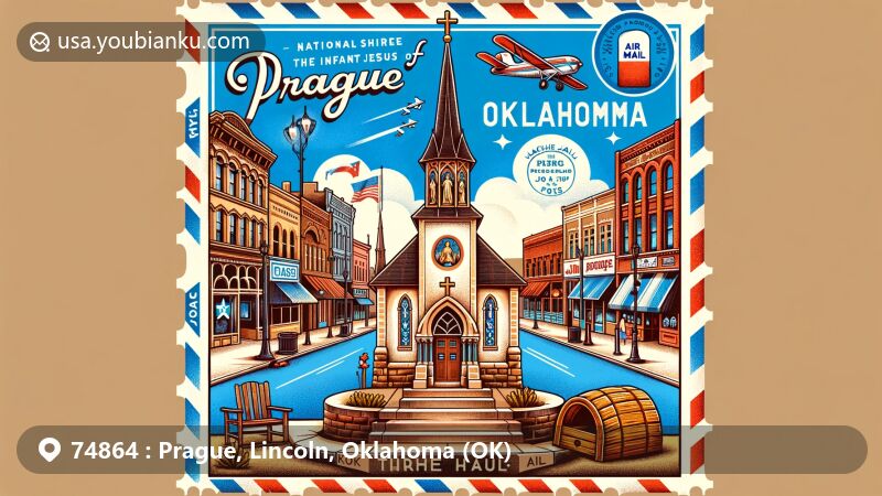 Modern illustration of Prague, Oklahoma, featuring iconic landmarks like the National Shrine of the Infant Jesus of Prague, Jim Thorpe Boulevard, Kolache Jail, and a memorial for Jim Thorpe, all set within an air mail envelope with vintage stamps and ZIP code 74864.