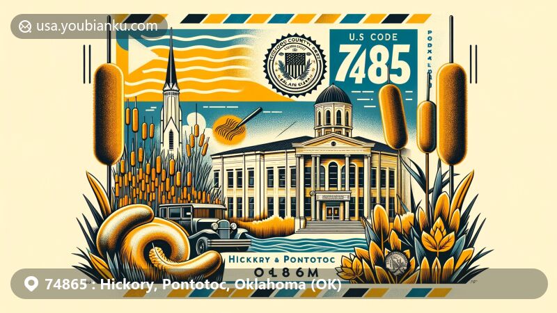 Modern illustration of Hickory and Pontotoc, Oklahoma, highlighting postal theme with ZIP code 74865, featuring Pontotoc County Courthouse and local flora elements.