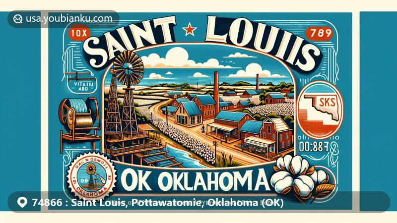 Modern illustration of Saint Louis, Oklahoma, featuring vintage postcard design with elements of the town's agriculture-based economy, including cotton farming. Depicts early 20th-century town life with a cotton gin, gristmill, and general store, showcasing the charm and history of Saint Louis. Includes reference to town's unique welcome sign and ZIP code 74866, with a vintage postage stamp design symbolizing Saint Louis.