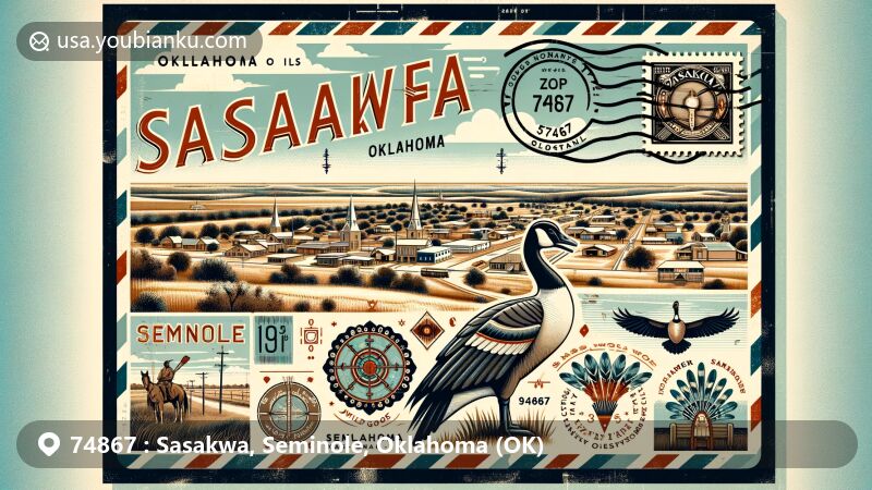 Modern illustration of Sasakwa, Oklahoma, highlighting its history and scenic location within the Seminole Nation, featuring blend of modern and historical elements.