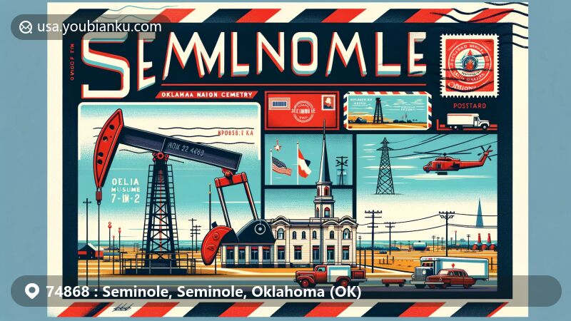 Modern illustration of Seminole, Oklahoma, showcasing the Oklahoma Oil Museum and the Seminole Nation Cemetery & Veteran's Memorial, with postal theme including airmail envelope, vintage stamp, '74868' postmark, and imagery of red mailbox and mail delivery truck.