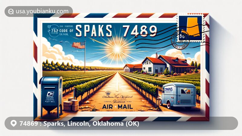 Modern illustration of Sparks, Lincoln County, Oklahoma, featuring Sparks Vineyard & Winery with sunlit vineyards, Oklahoma state flag, and air mail envelope design with ZIP code 74869.
