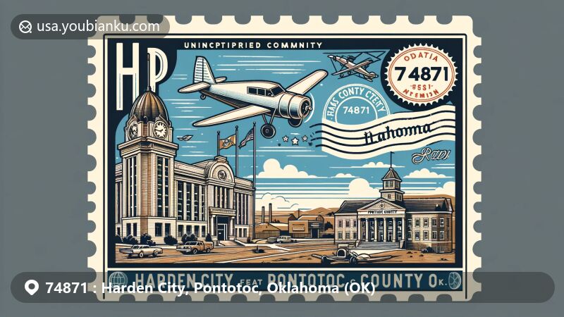 Modern illustration of Harden City, Pontotoc County, Oklahoma, featuring ZIP code 74871 and local landmarks, including the Pontotoc County Courthouse and East Central State Normal School, set on a vintage aviation-themed postcard with Oklahoma state flag.