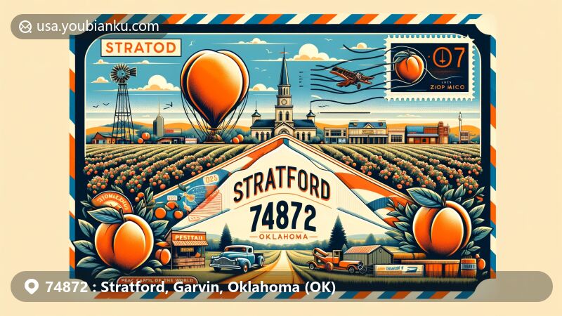Modern illustration of Stratford, Oklahoma, Garvin County, showcasing 'Peach Capital of the World' status with peach orchards, Peach Festival, rodeo, and classic car show, set against Oklahoma's hills, oak forests, and fertile plains in a vintage air mail envelope.