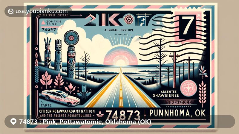 Creative illustration of Pink, Oklahoma, Pottawatomie County, featuring airmail envelope with ZIP code 74873, State Highway 9, totems, Lake Thunderbird, and symbols of Native American culture.