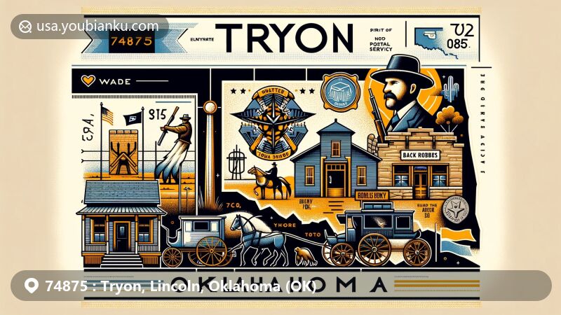 Modern illustration of Tryon, Oklahoma, showcasing postal theme with ZIP code 74875, highlighting local landmarks, historical roots with homesteaders and land runs of Sac and Fox and Iowa tribes, and tales of early 20th-century bank robberies.