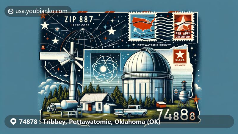 Modern illustration of the Tribbey area, Pottawatomie County, Oklahoma, featuring the Ten Acre Observatory and postal theme with vintage airmail elements and ZIP code 74878.