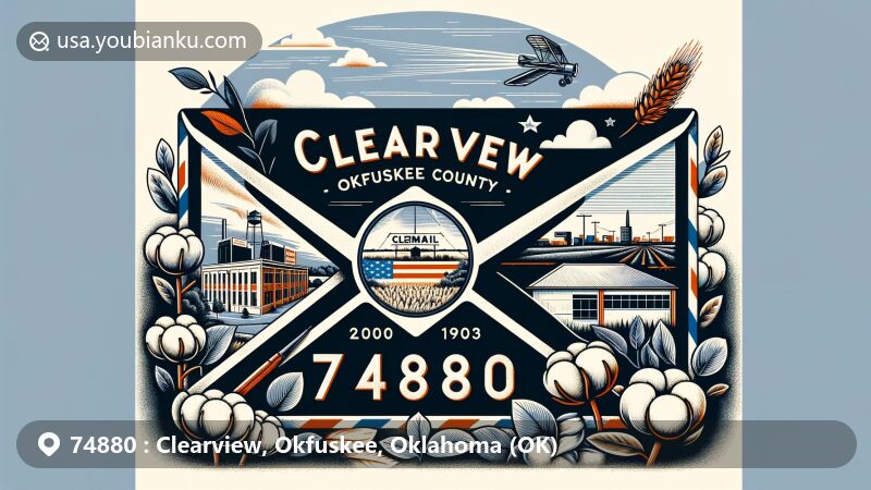 Modern illustration of Clearview, Okfuskee County, Oklahoma, showcasing postal theme with ZIP code 74880, featuring airmail envelope and elements reflecting the history of one of the original all-black towns founded in 1903, including symbols of education and heritage.