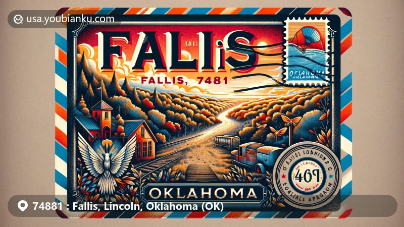 Modern illustration of Fallis, Oklahoma, inspired by vintage airmail envelope, highlighting ZIP code 74881 and Oklahoma state flag.