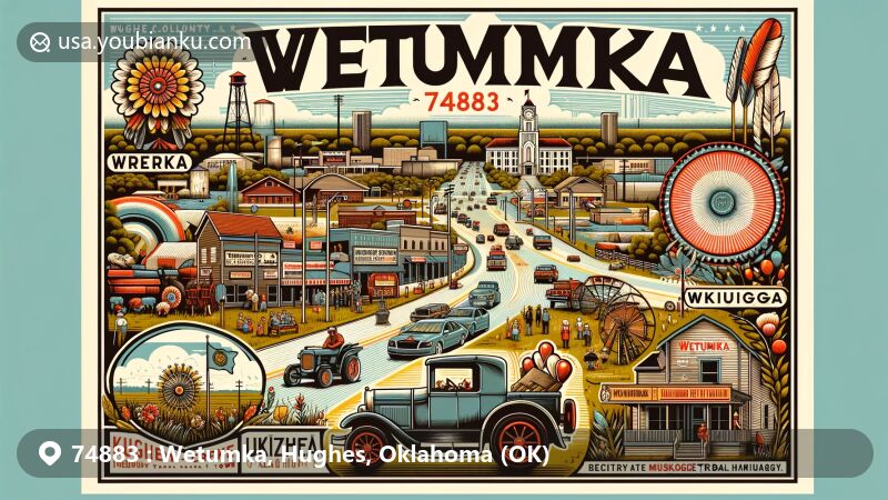 Modern illustration of Wetumka, Oklahoma, featuring ZIP code 74883, Sucker Day Festival, Muscogee (Creek) symbols, 'rumbling waters' backdrop, and vintage air mail motif.