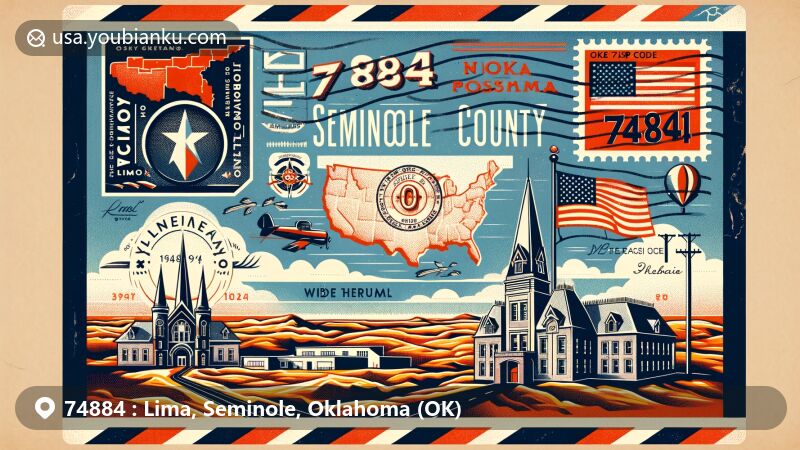 Artistic depiction of Lima, Seminole County, Oklahoma, showcasing vintage airmail envelope design with elements of state flag, Seminole County's map, and Rosenwald Hall school.
