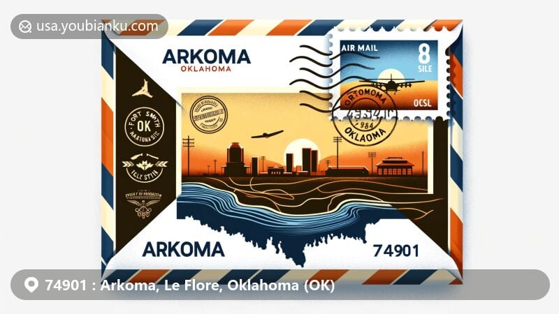 Modern illustration of Arkoma, Oklahoma, featuring air mail envelope with map outline and Poteau River silhouette, hinting at Fort Smith National Historic Site or the Fort Smith Trolley Museum. Stamp showcases ZIP Code 74901 and Oklahoma state symbols.