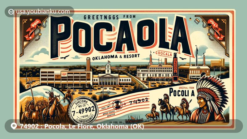 Modern illustration of Pocola, Le Flore County, Oklahoma, featuring Choctaw Casino & Resort - Pocola and the Battle of Devil's Backbone Mountain, with 'Greetings from Pocola, OK 74902' in vintage lettering. Incorporates Choctaw cultural elements and a postal theme with ZIP code 74902.