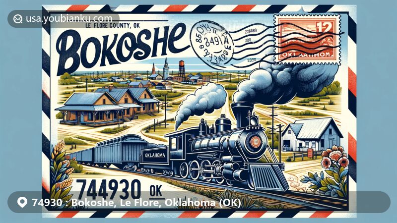 Modern illustration of Bokoshe, Le Flore County, Oklahoma, showcasing historic Choctaw settlement and coal mining heritage, featuring old-fashioned train in a vintage airmail envelope with postal elements and Oklahoma state flag.