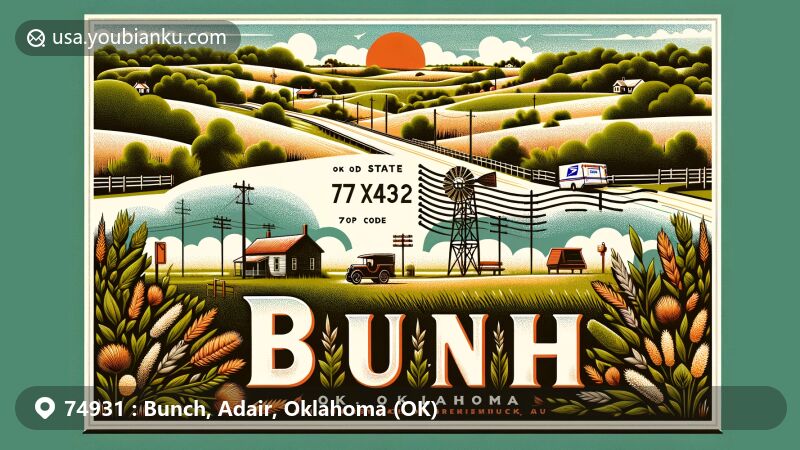 Vintage-style illustration of Bunch, Adair County, Oklahoma, focusing on the postal theme with 74931 zip code, 'OK' state abbreviation, postage stamp, postmark, and postal elements.