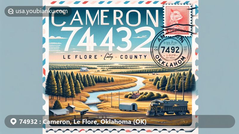 Modern illustration of Cameron, Oklahoma, Le Flore County, highlighting ZIP code 74932, blending contemporary style with elements reflecting Cameron's history, including ties with Choctaw Nation and railroad era.