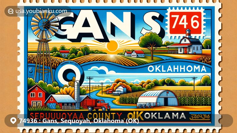 Modern illustration of Gans, Oklahoma, showcasing postal theme with ZIP code 74936 and Cherokee heritage, featuring rural landscape and agricultural history.