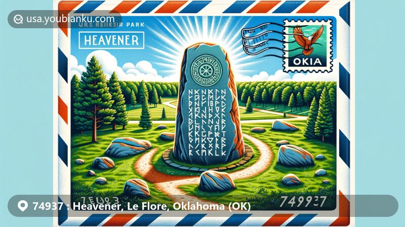 Modern illustration of Heavener Runestone Park in Heavener, Oklahoma, featuring the enigmatic Heavener rune stone surrounded by lush greenery and ancient runic inscriptions, hinting at possible Norse explorer connections.