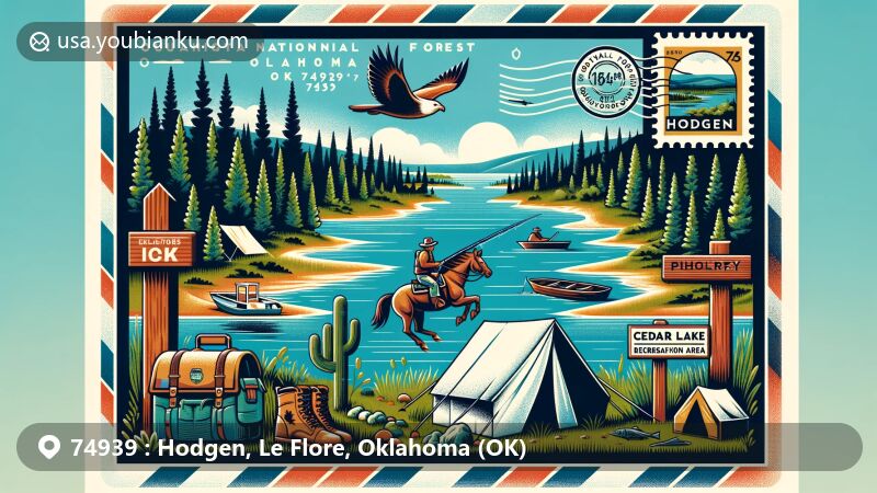 Modern illustration of Hodgen, Oklahoma, emphasizing Ouachita National Forest and Cedar Lake National Recreation Area, blending camping, hiking, horseback riding, and fishing, set in a serene landscape with postal theme.