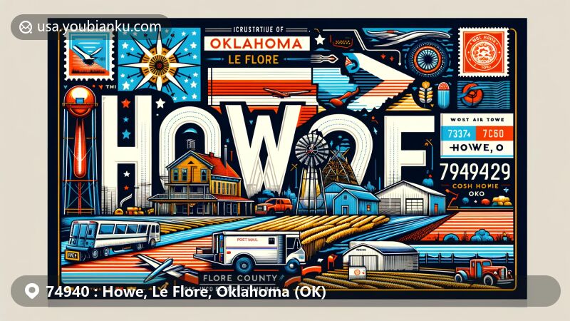 Modern illustration of Howe, Oklahoma, showcasing postal theme with ZIP code 74940, featuring agricultural heritage, coal and coke production, Oklahoma state flag, and Le Flore County outline.