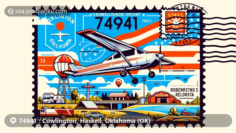 Modern illustration of Cowlington, Oklahoma, encompassing ZIP code 74941, with aviation theme and symbols of Oklahoma, including state flag and LeFlore County outline.