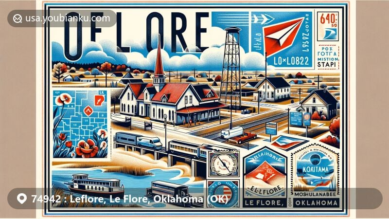 Creative depiction of Leflore, Le Flore County, Oklahoma, blending postal elements with Native American heritage and natural scenery, highlighting town's history as a railroad station stop established in 1887 within Choctaw Nation's Moshulatubbee District.