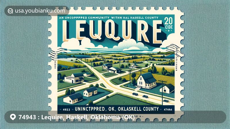 Modern illustration of Lequire, Oklahoma, showcasing postal theme with ZIP code 74943, set at the junction of state highways 31 and 82 in a serene rural backdrop.