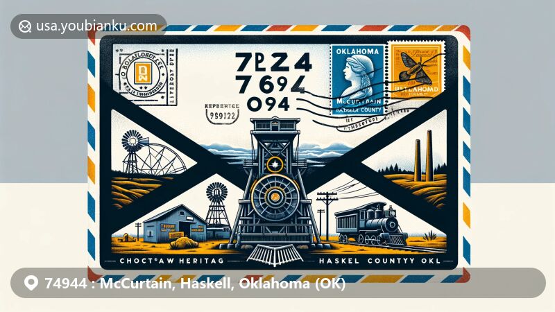 Modern illustration of McCurtain, Haskell County, Oklahoma, showcasing postal theme with ZIP code 74944, featuring elements of coal mining history, Choctaw heritage, and Oklahoma state symbols.