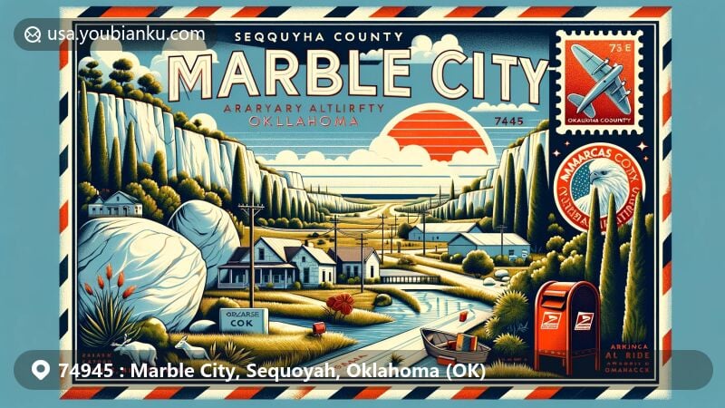 Modern illustration of Marble City, Sequoyah County, Oklahoma, blending American postal themes with natural beauty, showcasing local landscapes and symbols such as the Ozark Plateau, Ouachita Mountains, and Arkansas River.