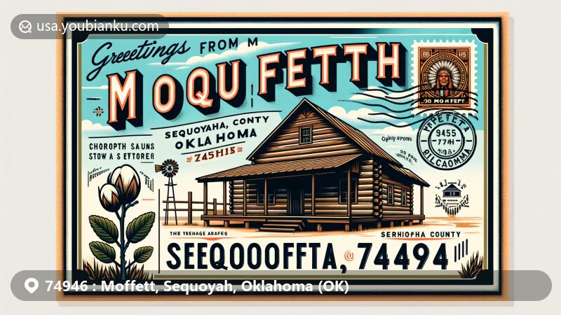 Modern illustration of Moffett, Oklahoma, showcasing postal theme with ZIP code 74946, featuring Sequoyah's historic cabin, cotton plants, and Arkansas River.