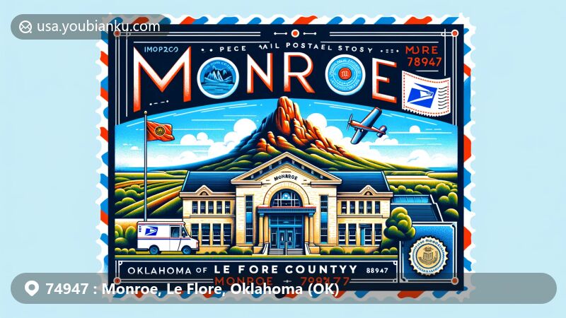 Modern illustration of Monroe, Oklahoma, in Le Flore County, featuring landmarks like Sugar Loaf Mountain and postal elements with ZIP code 74947, including airmail envelope and postage stamp.