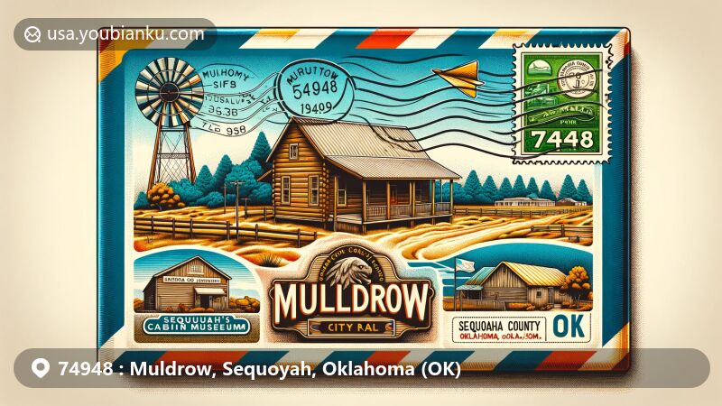 Modern illustration of Muldrow, Oklahoma, in Sequoyah County, featuring postal theme with ZIP code 74948, showcasing Muldrow City Park, Sequoyah’s Cabin Museum, and Oklahoma state flag.