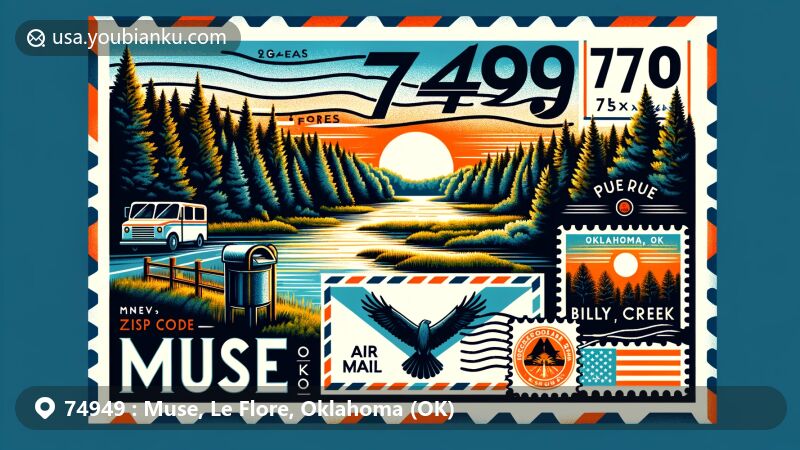 Modern illustration of Muse, Le Flore County, Oklahoma, featuring Ouachita National Forest and Billy Creek, a popular spot for hiking and fishing, encapsulated in an air mail envelope with postal motifs.