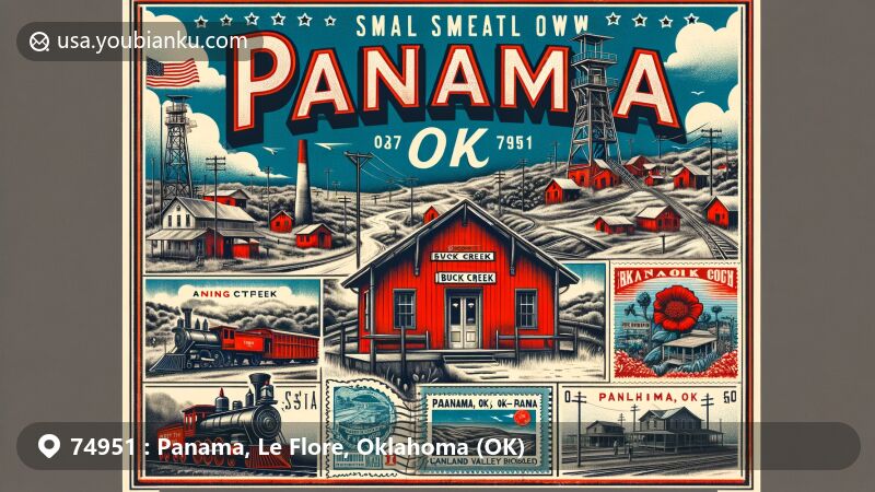 Modern illustration of Panama, Le Flore County, Oklahoma, portraying the coal mining community known as 'Red Town,' featuring an old coal mine entrance, vintage post office, and railroad tracks, all set against a backdrop of the Oklahoma state flag and postal-themed elements.