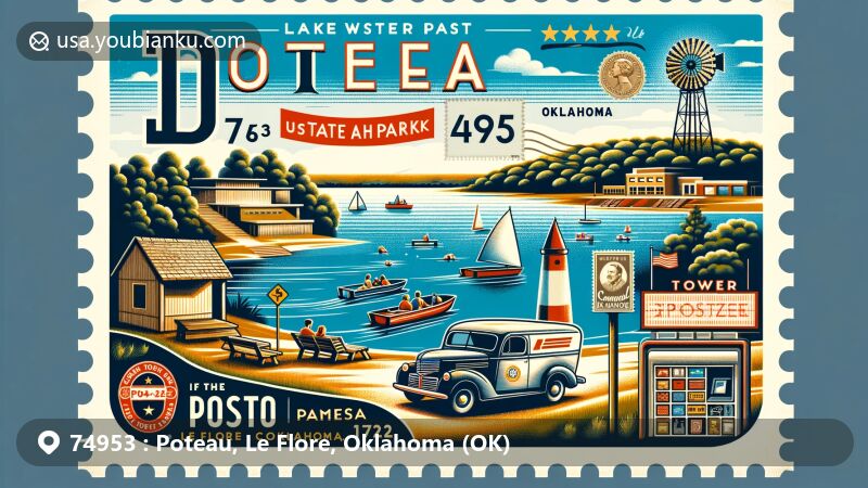 Modern illustration of Poteau, Le Flore County, Oklahoma, highlighting ZIP code 74953, featuring Lake Wister State Park, Cavanal Hill, Tower Drive-In, and postal service elements.