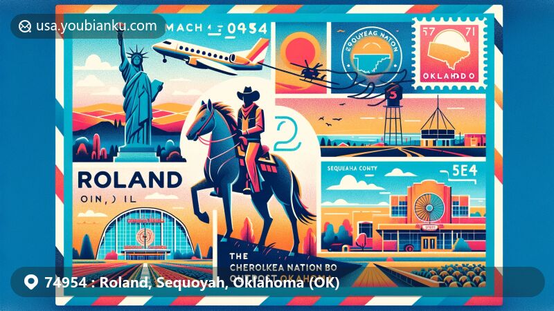 Modern illustration of Roland, Sequoyah County, Oklahoma, showcasing postal theme with ZIP code 74954, featuring local landmarks, Cherokee Nation Bingo Outpost, cowboy statue, and agricultural elements.