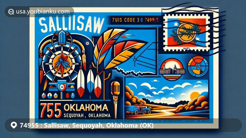 Modern postcard design for ZIP code 74955, Sallisaw, Sequoyah County, Oklahoma, featuring iconic landmarks, Oklahoma state flag elements, and postal symbols.