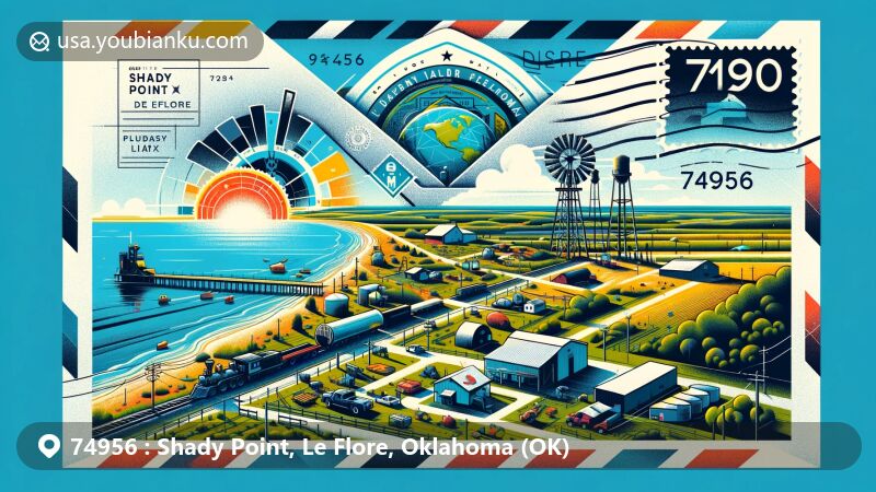 Modern illustration of Shady Point, Le Flore, Oklahoma, featuring open air mail envelope with postal theme and ZIP code 74956, highlighting local landmarks and agricultural background.