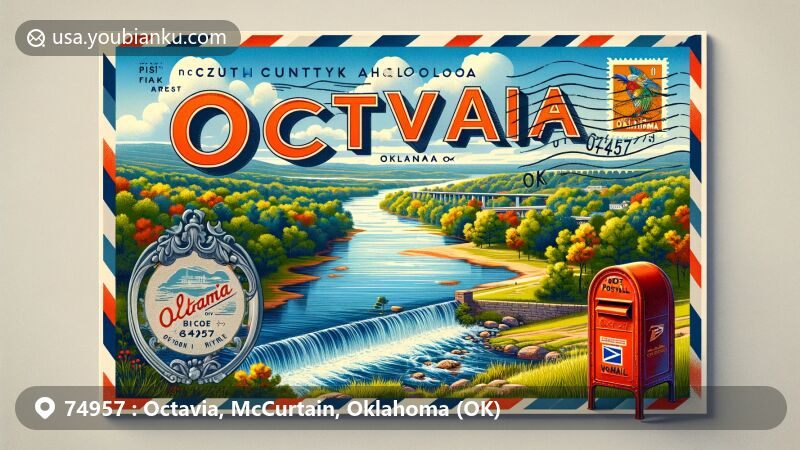 Modern illustration of Octavia, McCurtain County, Oklahoma, showcasing postal theme with ZIP code 74957, featuring Lower Mountain Fork River and vibrant park scenery.