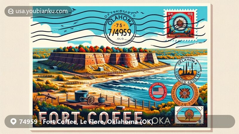 Modern illustration of Fort Coffee, Oklahoma, capturing the historic charm of original Fort Coffee ruins and Arkansas River, reflecting Choctaw Nation heritage and Oklahoma state symbols.