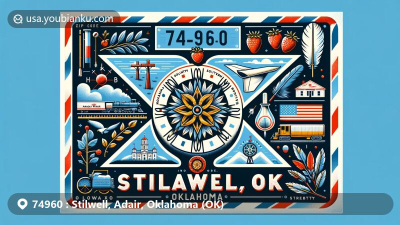 Modern illustration of Stilwell, Oklahoma, showcasing its heritage as the Strawberry Capital of the World, Adair Park's picnic area, Trail of Tears history, railway significance, and postal motifs like postcard layout and stamps.