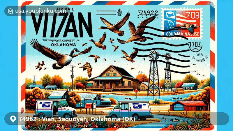 Modern illustration of Vian, Sequoyah County, Oklahoma, portraying air mail envelope design with focus on Sequoyah National Wildlife Refuge, showcasing '74962' postmark and Oklahoma state flag.