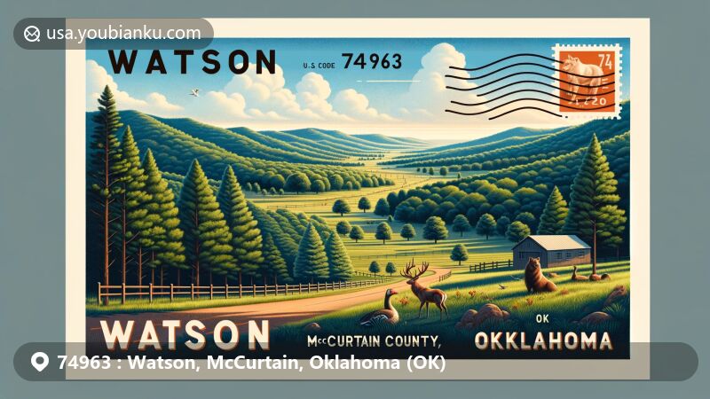 Modern illustration of Watson, McCurtain County, Oklahoma, capturing the essence of the Ouachita Mountains and lush wooded areas, featuring local wildlife like deer and turkeys, with a postal theme emphasizing ZIP code 74963.