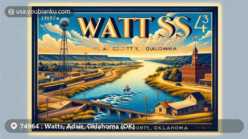 Artistic illustration of Watts, Adair County, Oklahoma, blending natural beauty with historical landmarks, including Illinois River and Old Fort Wayne. Vintage postcard design features ZIP code 74964 and town name, complemented by subtle railroad history details.