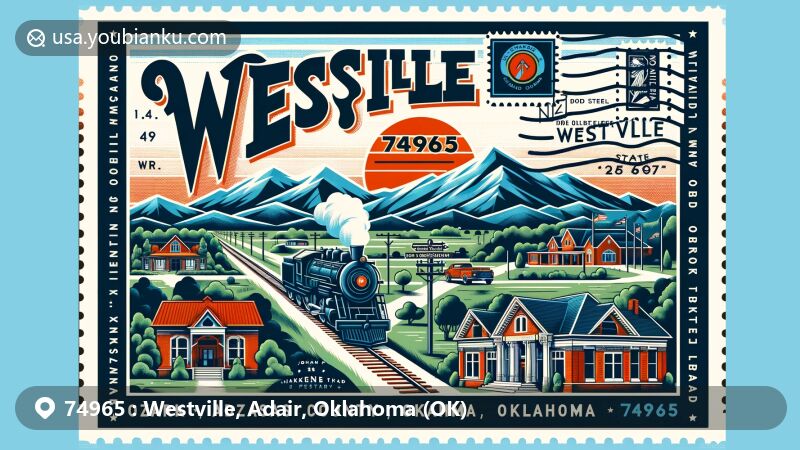 Modern illustration of Westville, Adair County, Oklahoma, depicting ZIP code 74965, with scenic Ozark Mountains backdrop and symbolic train, honoring Kansas City Southern Railway and Ozark and Cherokee Central Railway, featuring John F. Henderson Public Library and vintage postal elements.
