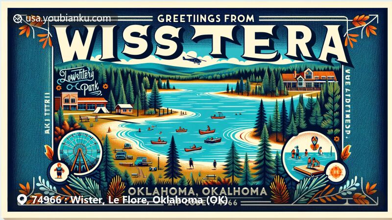 Modern illustration of Wister, Oklahoma, ZIP code 74966, featuring vibrant postcard design showcasing Lake Wister State Park's scenic views, camping, boating, and water spray park, set against a backdrop of pine and oak trees.