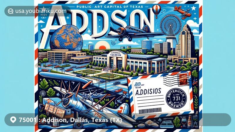 Modern illustration of Addison, Texas, showcasing public art capital status, 'Blueprints at Addison Circle' sculpture, Cavanaugh Flight Museum aircraft, Bitter Sisters Brewery, ZIP code 75001, and postal elements like stamp and postmark.